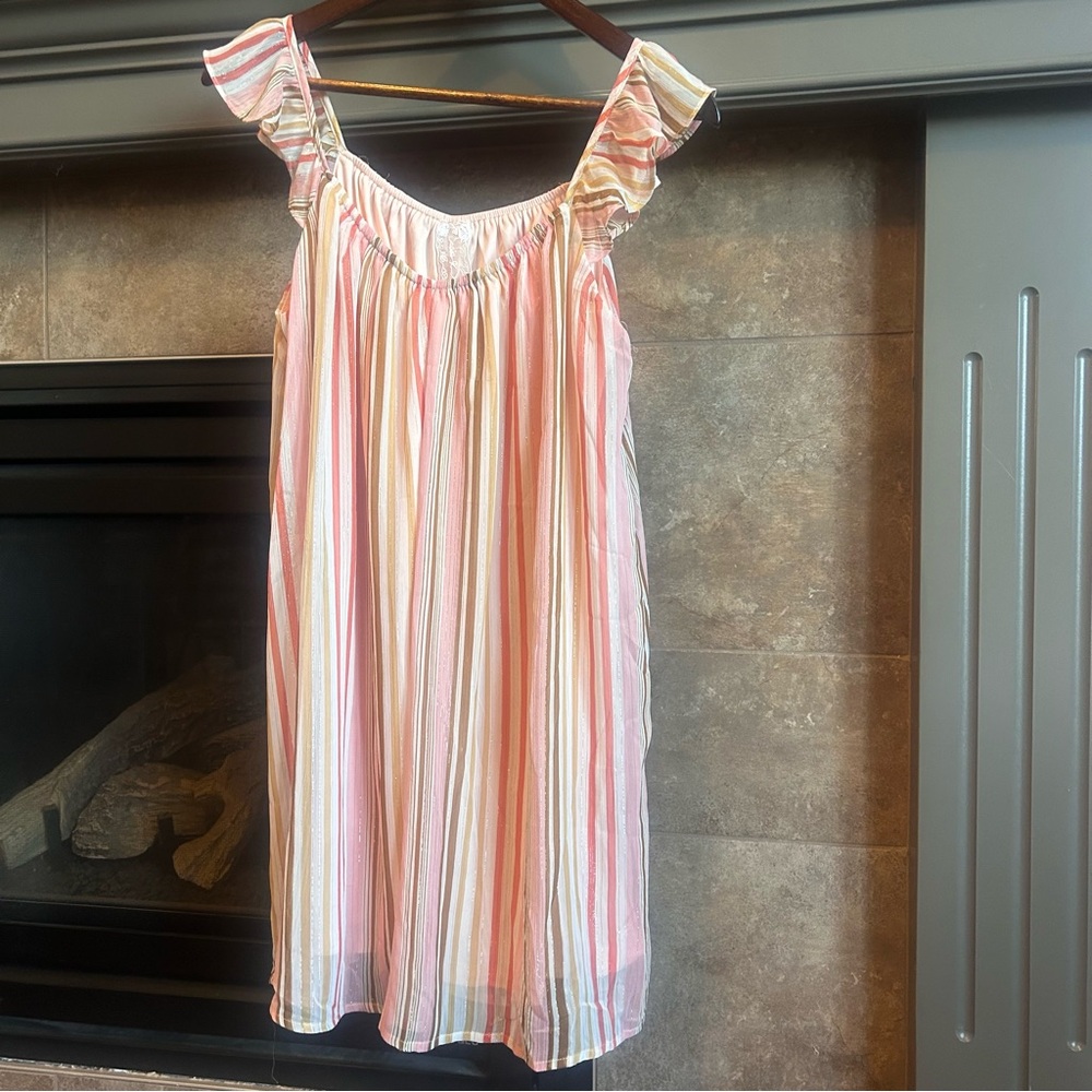 Sadie and Sage Sleevless Striped Shimmer Summer Mini Dress Neutral Tones Medium